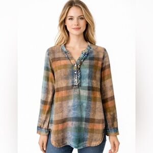 Anthropologie Isabella Sinclair Plaid Henley Tunic Small Ruffle Cotton Boho